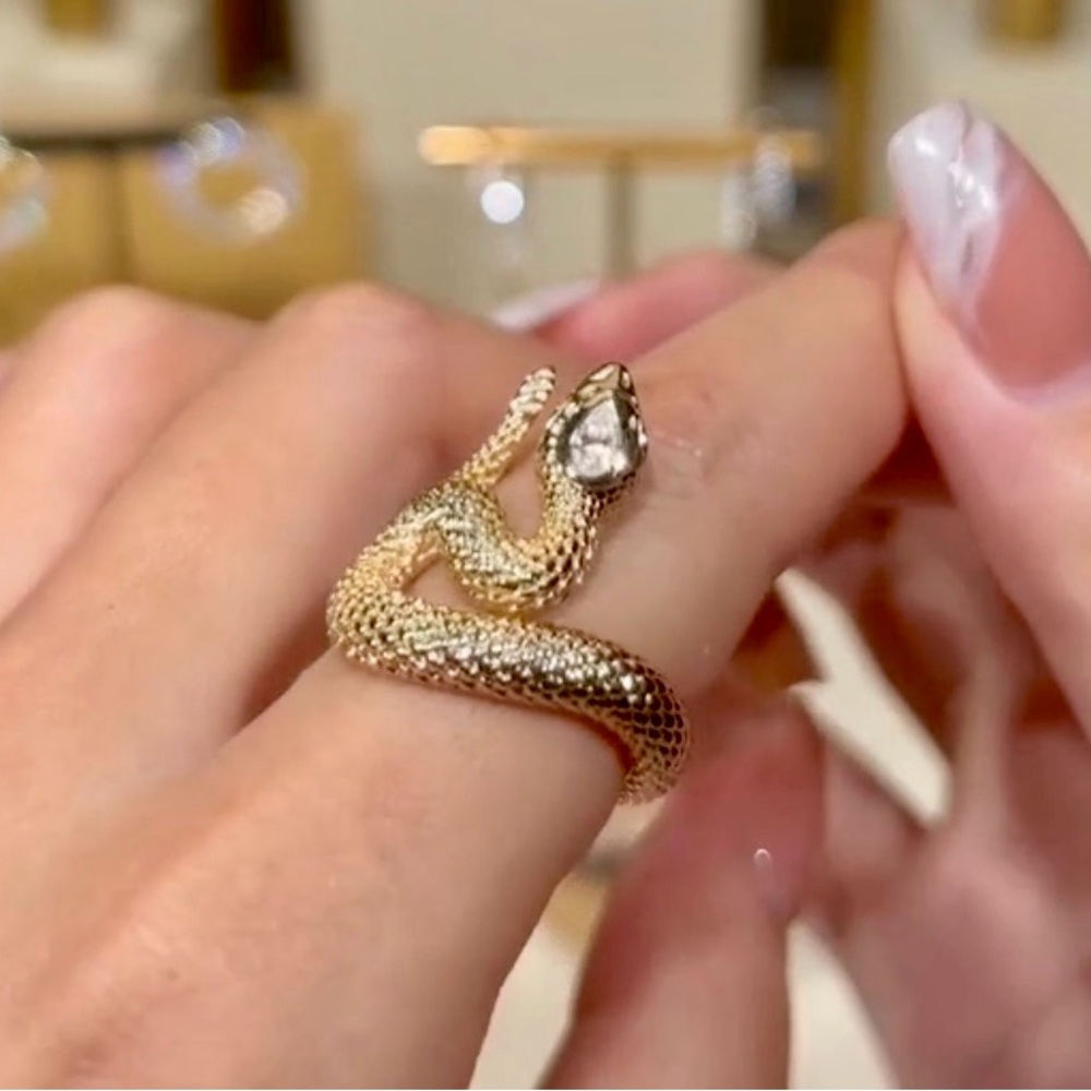 Snake Moissanite Ring w/ Emerald Eyes | 18K Gold-Plated - Picture 3 of 12